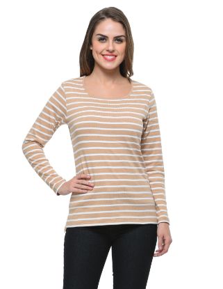 Picture of Frenchtrendz Cotton Bamboo Beige White Bateu Neck Strip Tops