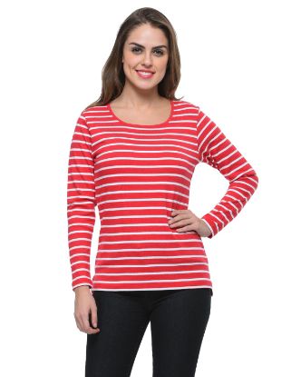 Picture of Frenchtrendz Cotton Bamboo Pink White Bateu Neck Strip Tops