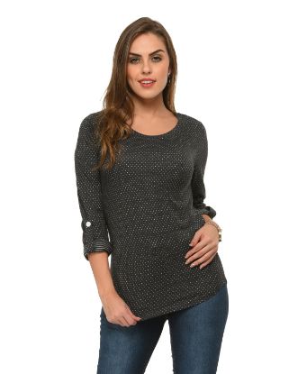 Picture of Frenchtrendz Cotton Poly Black Polka Dot Roll-Up Sleeve Tops