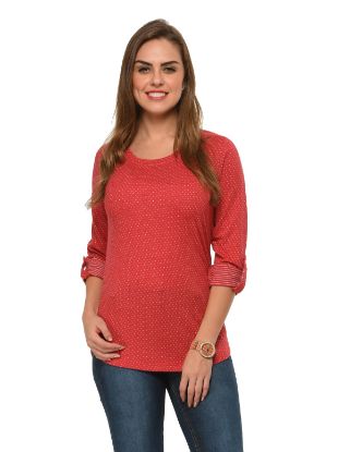 Picture of Frenchtrendz Cotton Poly Maroon Polka Dot Roll-Up Sleeve Tops