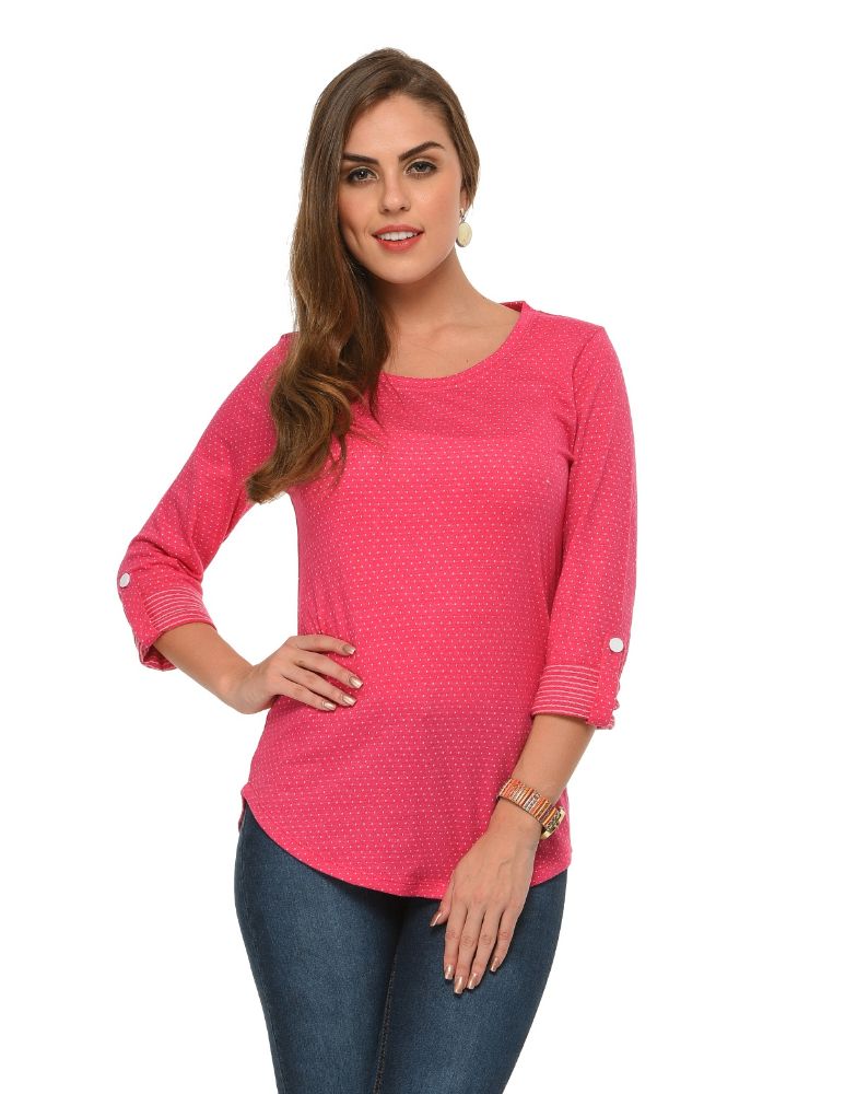 Picture of Frenchtrendz Cotton Poly Pink Polka Dot Roll-Up Sleeve Tops