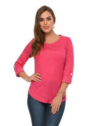 Picture of Frenchtrendz Cotton Poly Pink Polka Dot Roll-Up Sleeve Tops