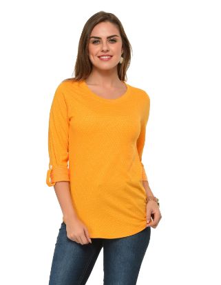 Picture of Frenchtrendz Cotton Poly Mustard Polka Dot Roll-Up Sleeve Tops