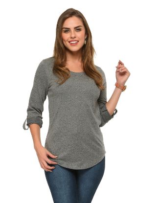 Picture of Frenchtrendz Cotton Poly Grey Polka Dot Roll-Up Sleeve Tops