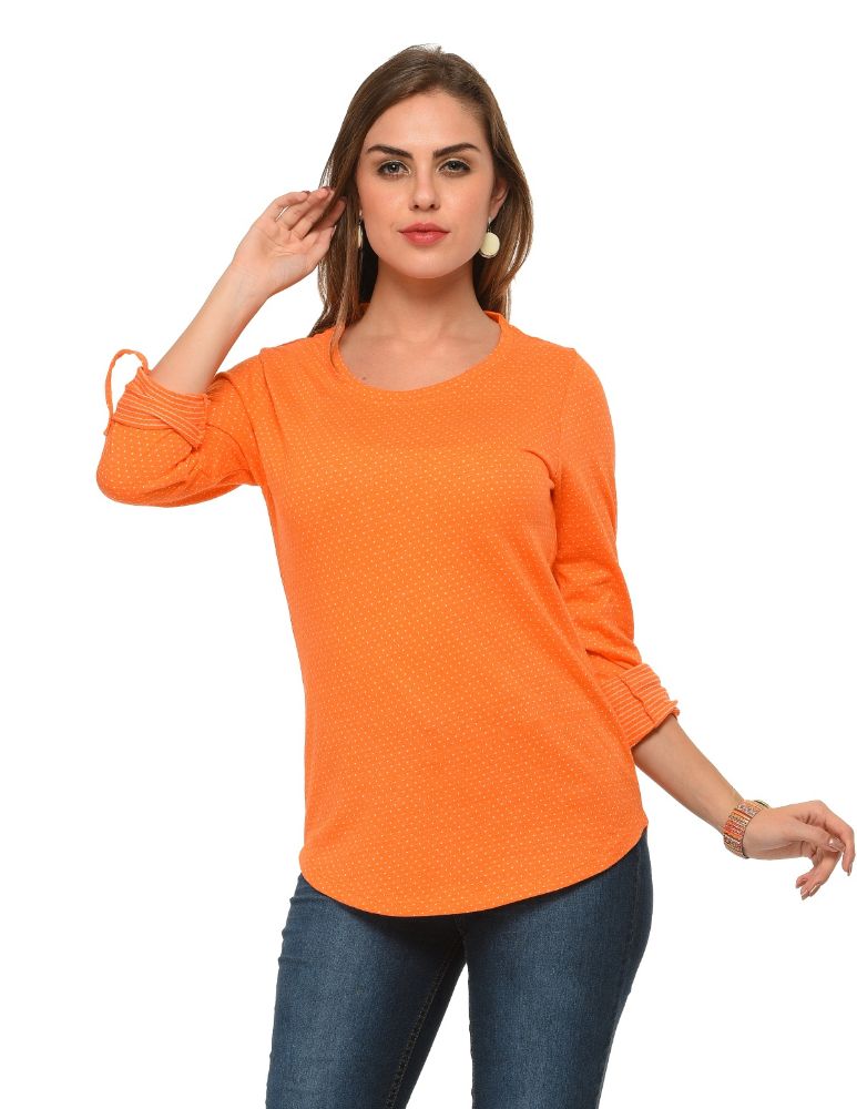Picture of Frenchtrendz Cotton Poly Orange Polka Dot Roll-Up Sleeve Tops