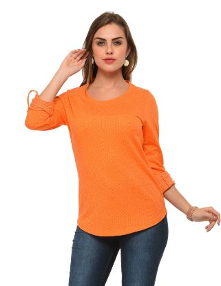 Picture of Frenchtrendz Cotton Poly Orange Polka Dot Roll-Up Sleeve Tops