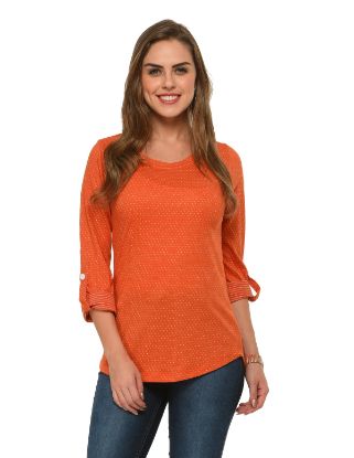 Picture of Frenchtrendz Cotton Poly Rust Polka Dot Roll-Up Sleeve Tops