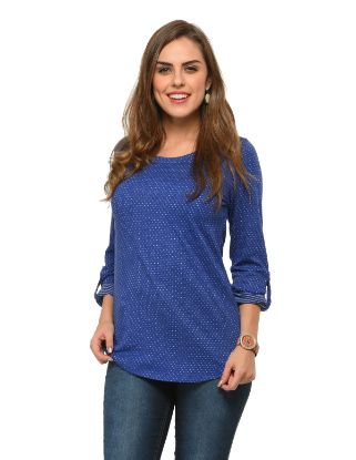 Picture of Frenchtrendz Cotton Poly Ink Blue Polka Dot Roll-Up Sleeve Tops