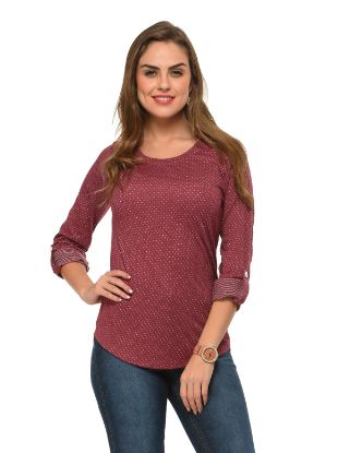 Picture of Frenchtrendz Cotton Poly Dark Maroon Polka Dot Roll-Up Sleeve Tops