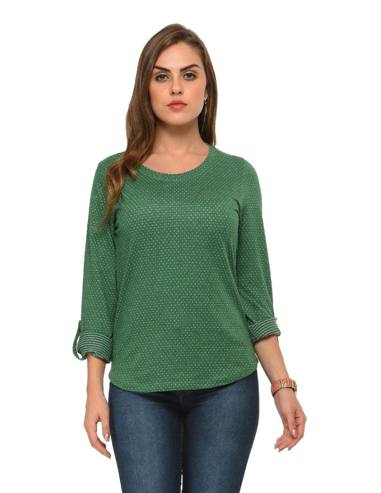 Picture of Frenchtrendz Cotton Poly Green Polka Dot Roll-Up Sleeve Tops