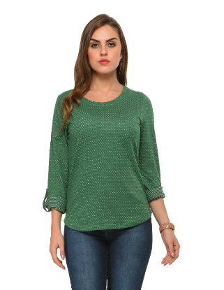 Picture of Frenchtrendz Cotton Poly Green Polka Dot Roll-Up Sleeve Tops