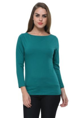 Picture of Frenchtrendz Cotton Spandex Dark Turq Boat Neck Full Sleeve Top