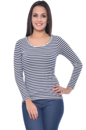 Picture of Frenchtrendz Cotton Spandex Navy White Scoop Neck Full Sleeve Top