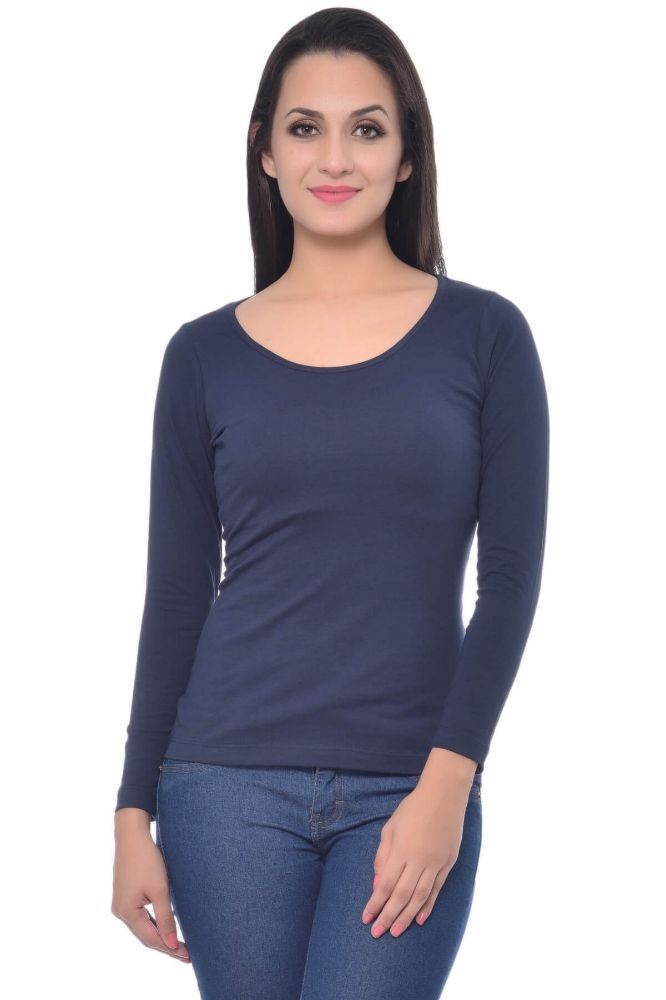 Picture of Frenchtrendz Cotton Spandex Navy Scoop Neck Full Sleeve Top