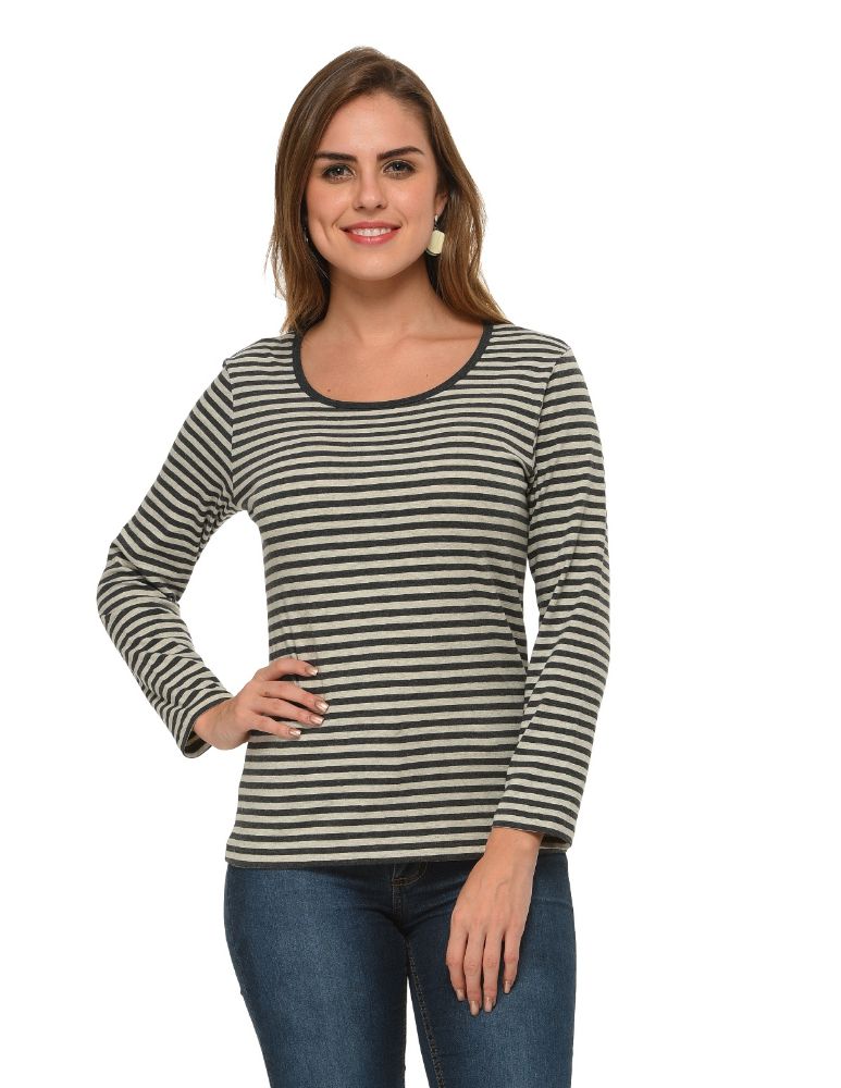 Picture of Frenchtrendz Cotton Spandex Charcoal White Bateu Neck Full Sleeve Top