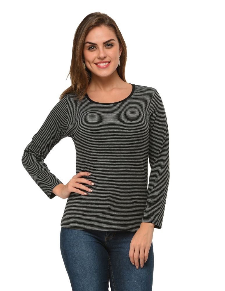 Picture of Frenchtrendz Cotton Spandex Grey Black Bateu Neck Full Sleeve Top