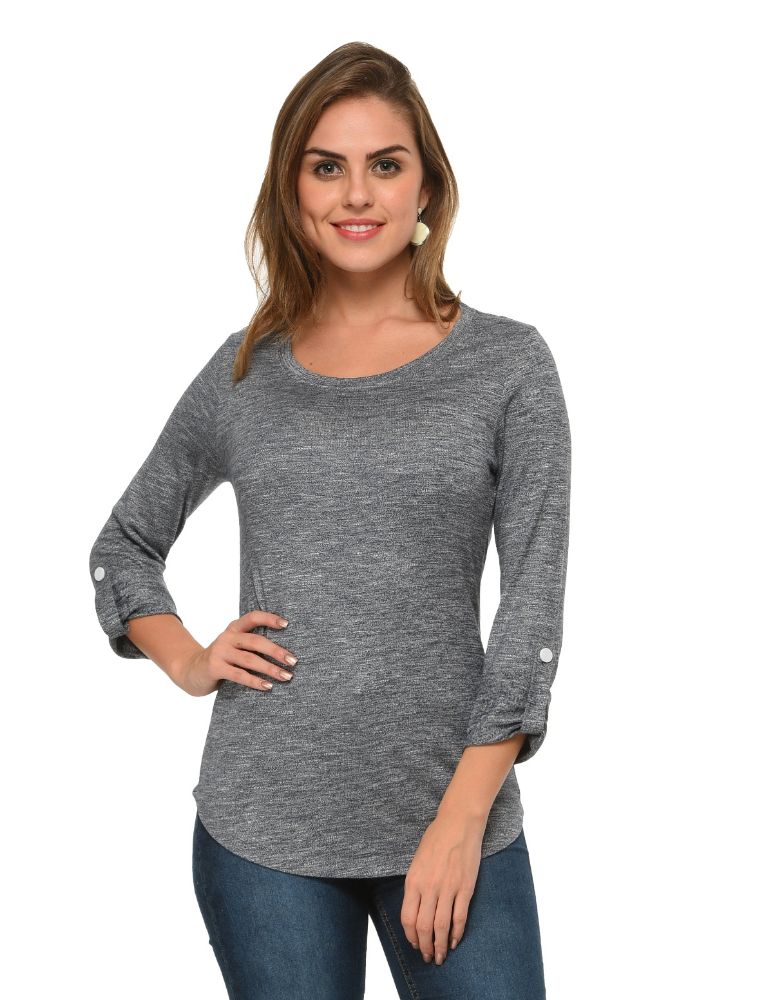 Picture of Frenchtrendz Grindle Navy Round Neck, Roll Up Sleeve Top