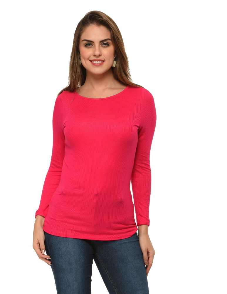 Picture of Frenchtrendz Bateau Neck Rib Viscose Pink Full Sleeves Tops