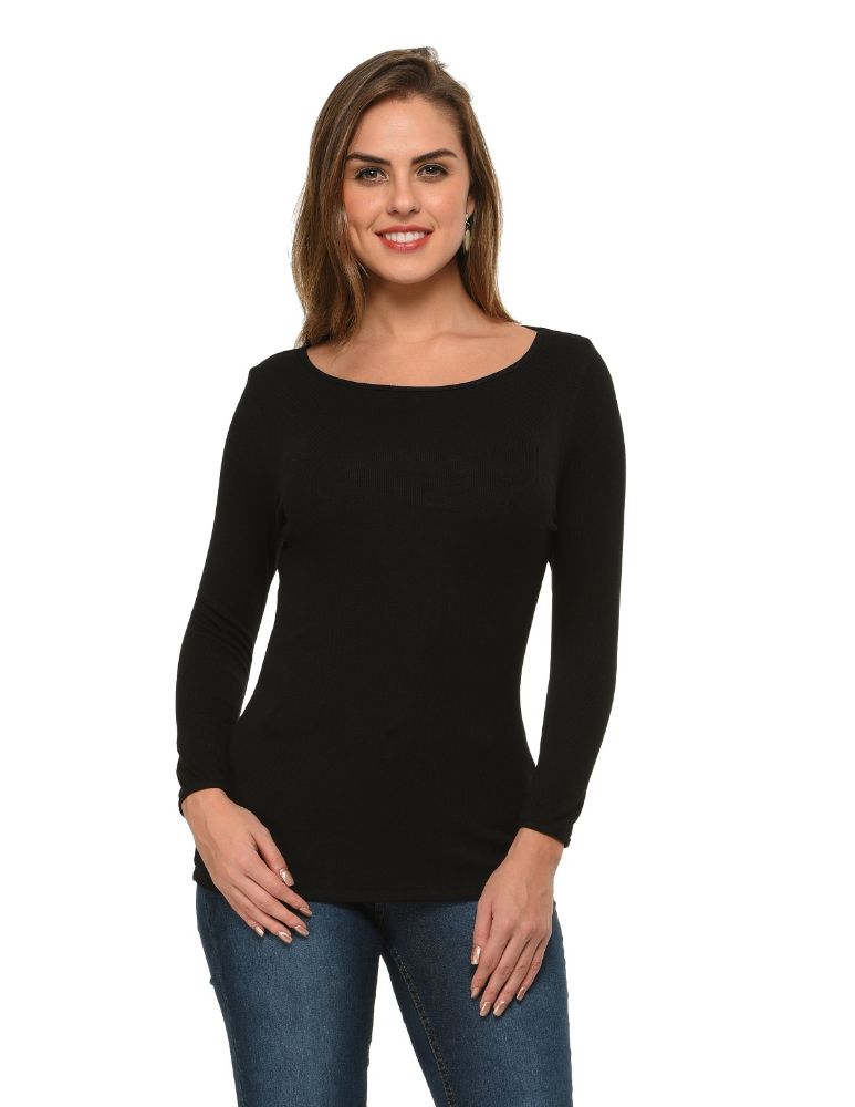 Picture of Frenchtrendz Bateau Neck Rib Viscose Black Full Sleeves Tops