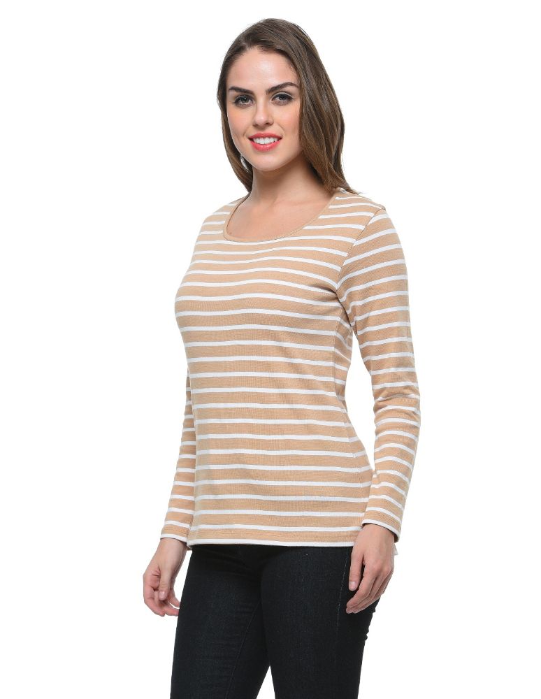 Picture of Frenchtrendz Cotton Bamboo Beige White Bateu Neck Strip T-Shirt