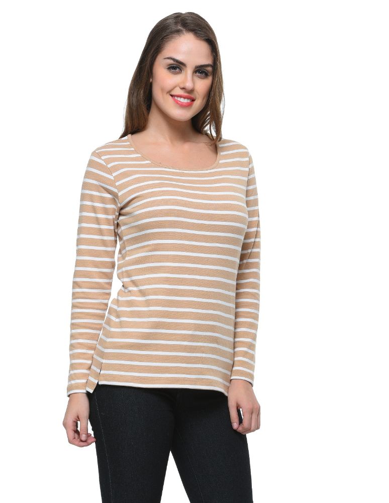 Picture of Frenchtrendz Cotton Bamboo Beige White Bateu Neck Strip Tops