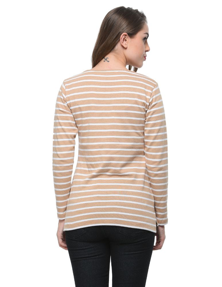 Picture of Frenchtrendz Cotton Bamboo Beige White Bateu Neck Strip Tops