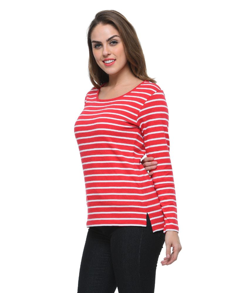 Picture of Frenchtrendz Cotton Bamboo Pink White Bateu Neck Strip Tops
