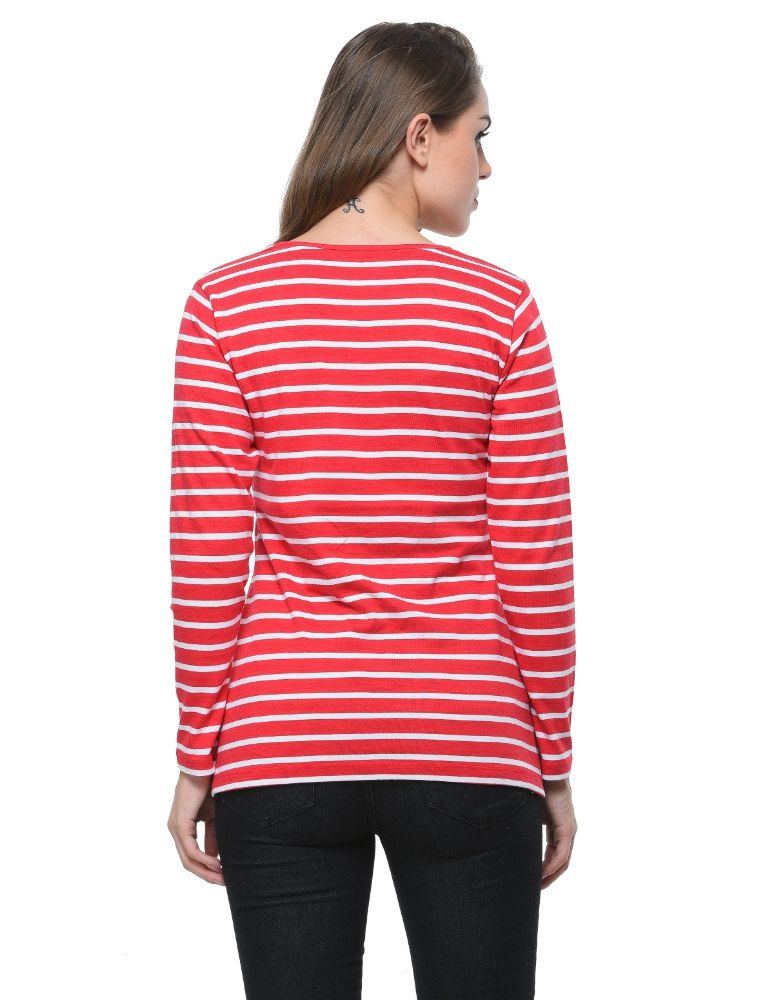 Picture of Frenchtrendz Cotton Bamboo Pink White Bateu Neck Strip Tops