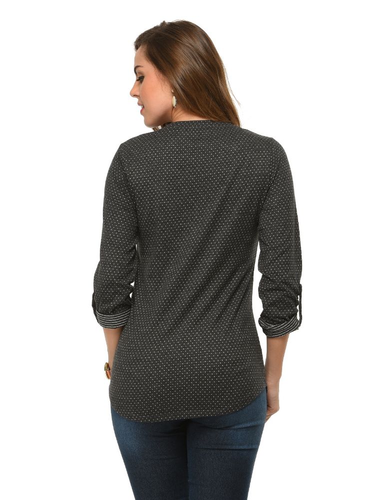 Picture of Frenchtrendz Cotton Poly Black Polka Dot Roll-Up Sleeve Tops