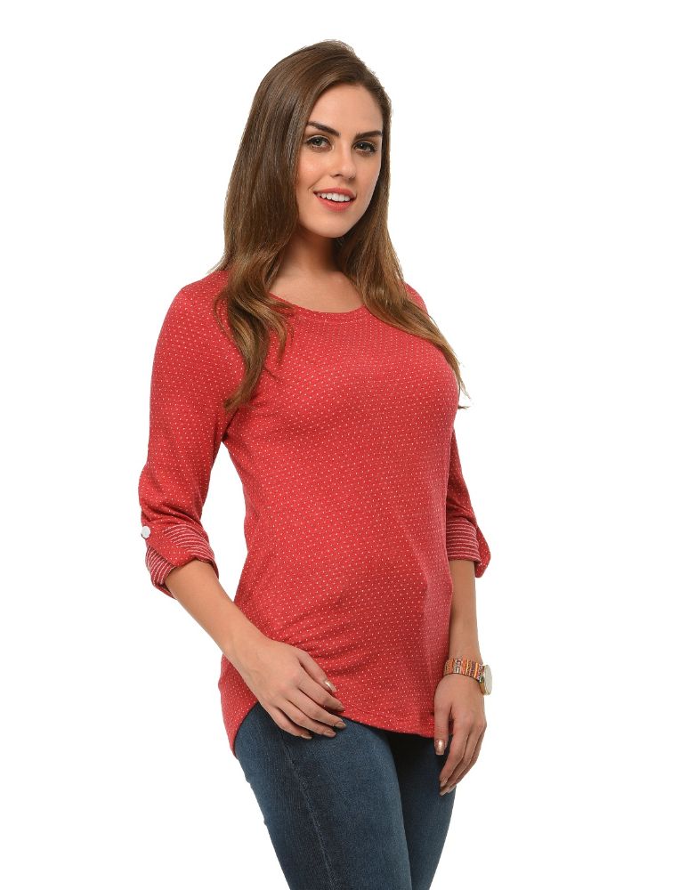 Picture of Frenchtrendz Cotton Poly Maroon Polka Dot Roll-Up Sleeve Tops