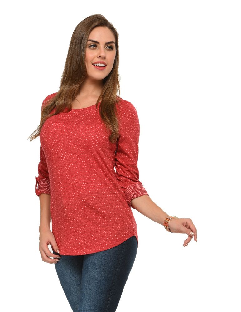 Picture of Frenchtrendz Cotton Poly Maroon Polka Dot Roll-Up Sleeve Tops
