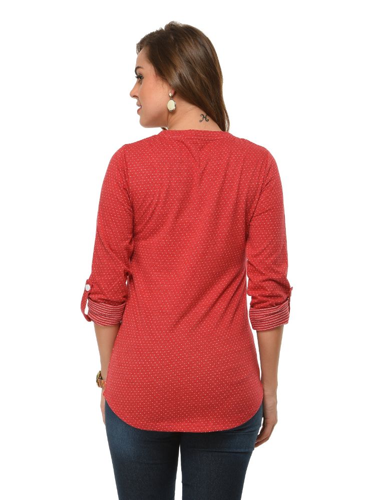 Picture of Frenchtrendz Cotton Poly Maroon Polka Dot Roll-Up Sleeve Tops