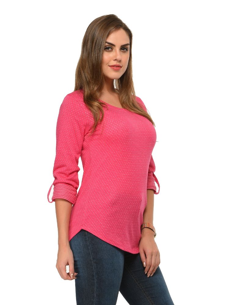 Picture of Frenchtrendz Cotton Poly Pink Polka Dot Roll-Up Sleeve Tops