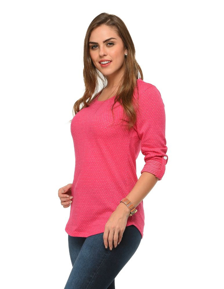 Picture of Frenchtrendz Cotton Poly Pink Polka Dot Roll-Up Sleeve Tops