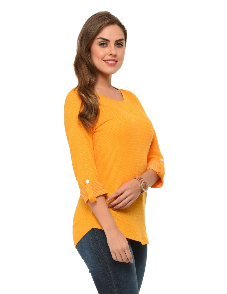 Picture of Frenchtrendz Cotton Poly Mustard Polka Dot Roll-Up Sleeve Tops