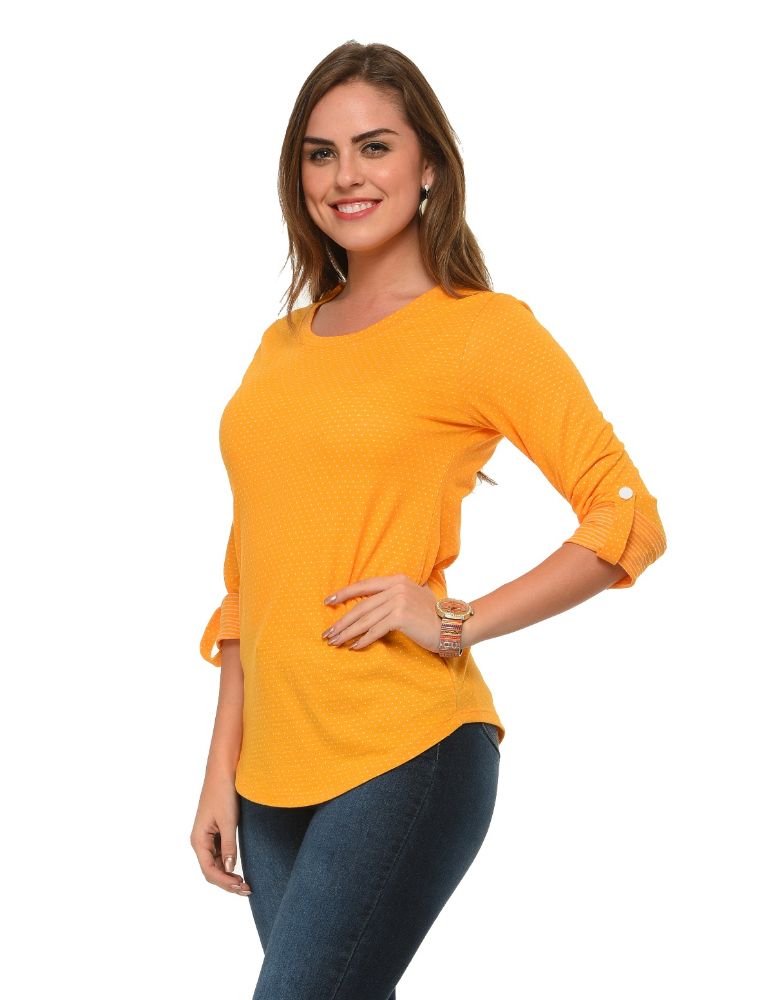Picture of Frenchtrendz Cotton Poly Mustard Polka Dot Roll-Up Sleeve Tops