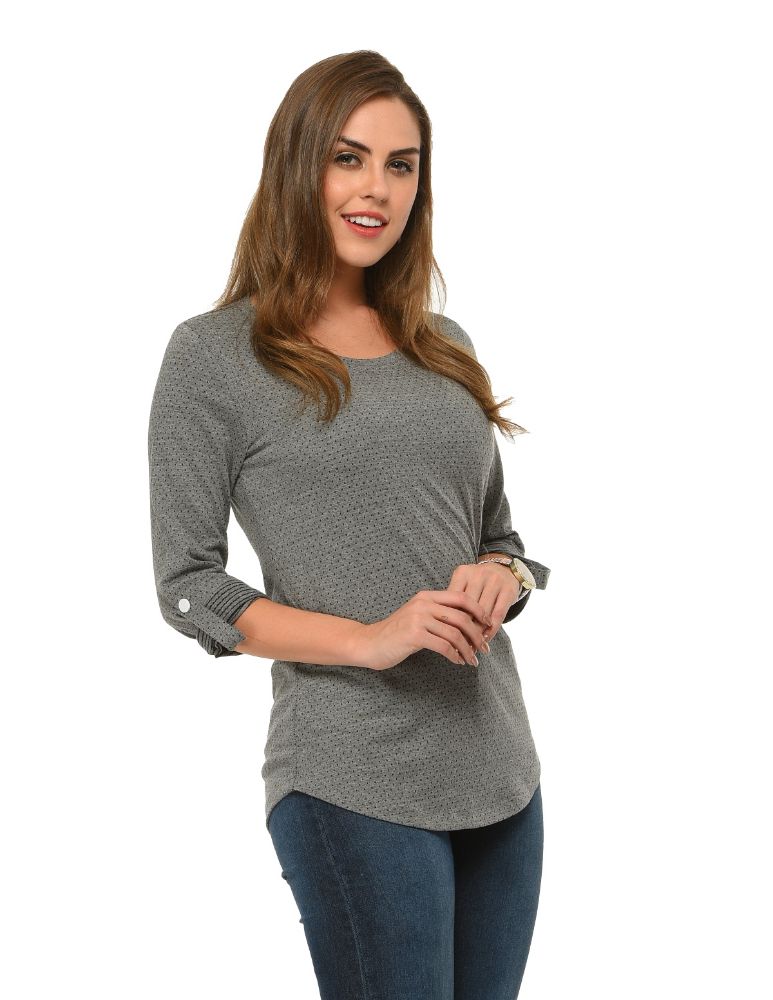 Picture of Frenchtrendz Cotton Poly Grey Polka Dot Roll-Up Sleeve Tops