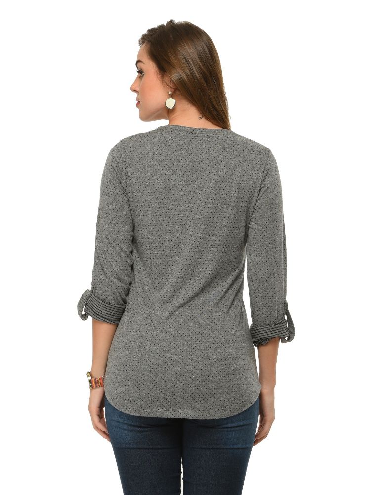Picture of Frenchtrendz Cotton Poly Grey Polka Dot Roll-Up Sleeve Tops