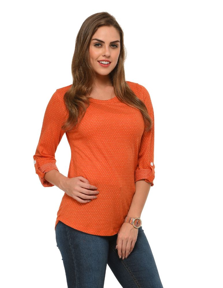 Picture of Frenchtrendz Cotton Poly Rust Polka Dot Roll-Up Sleeve Tops