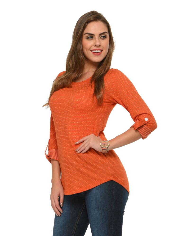 Picture of Frenchtrendz Cotton Poly Rust Polka Dot Roll-Up Sleeve Tops