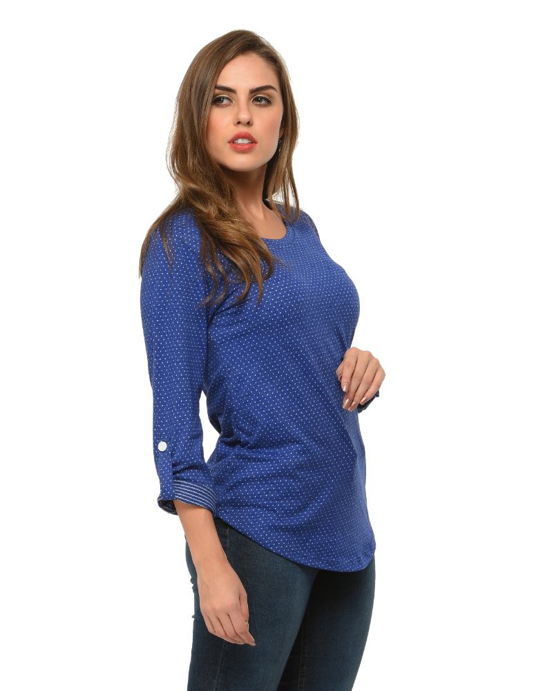 Picture of Frenchtrendz Cotton Poly Ink Blue Polka Dot Roll-Up Sleeve Tops