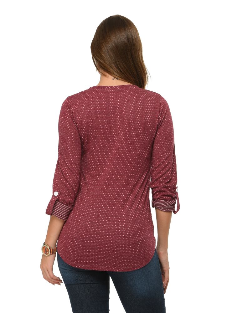 Picture of Frenchtrendz Cotton Poly Dark Maroon Polka Dot Roll-Up Sleeve Tops