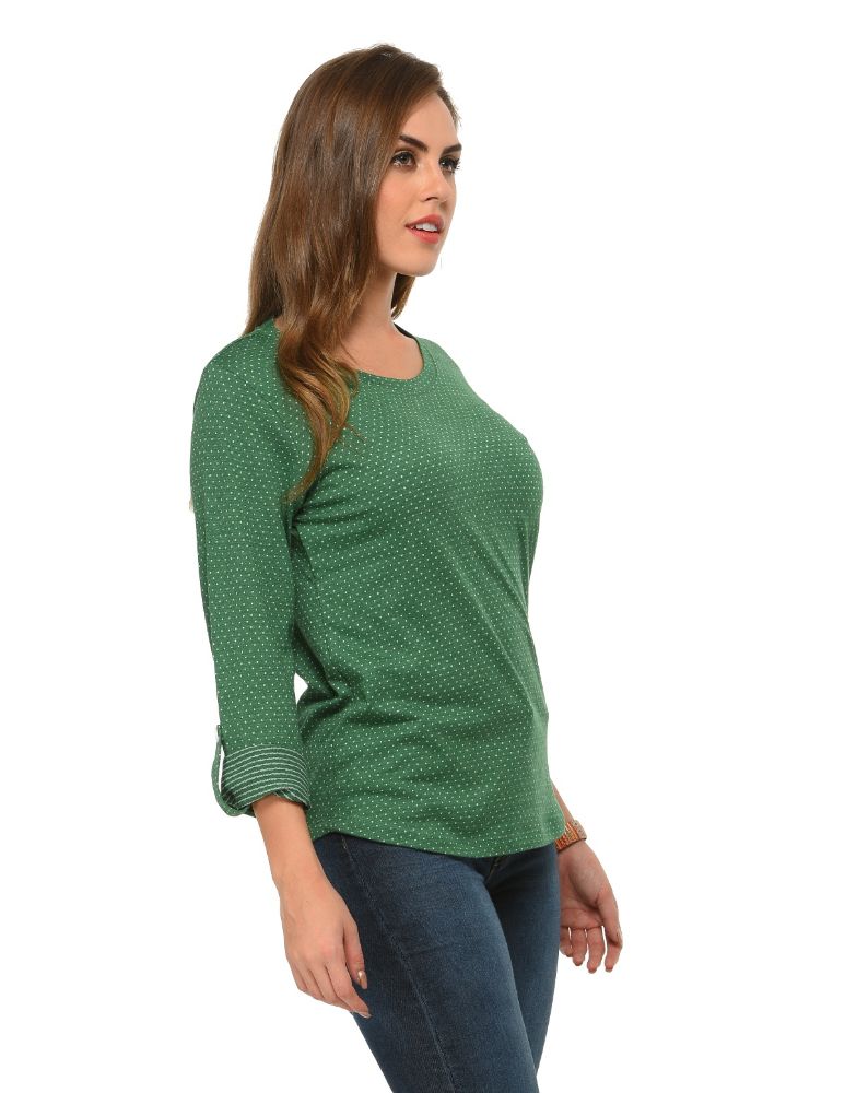 Picture of Frenchtrendz Cotton Poly Green Polka Dot Roll-Up Sleeve Tops