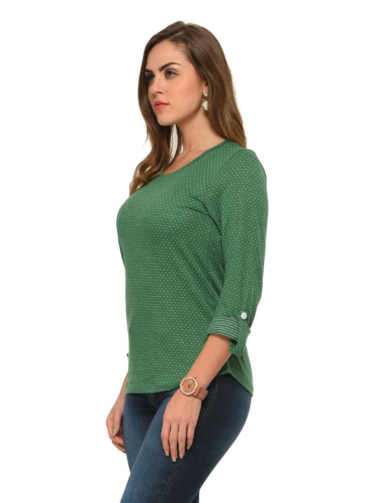 Picture of Frenchtrendz Cotton Poly Green Polka Dot Roll-Up Sleeve Tops