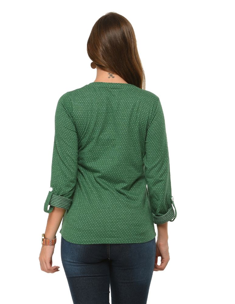 Picture of Frenchtrendz Cotton Poly Green Polka Dot Roll-Up Sleeve Tops