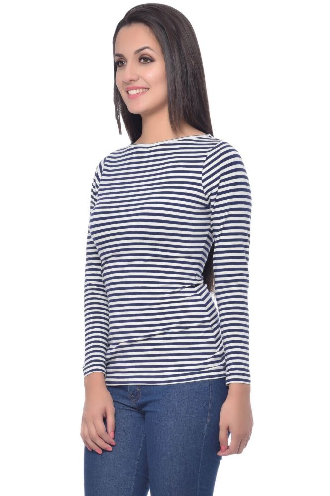 Picture of Frenchtrendz Cotton Spandex Navy White Boat Neck Full Sleeve Top