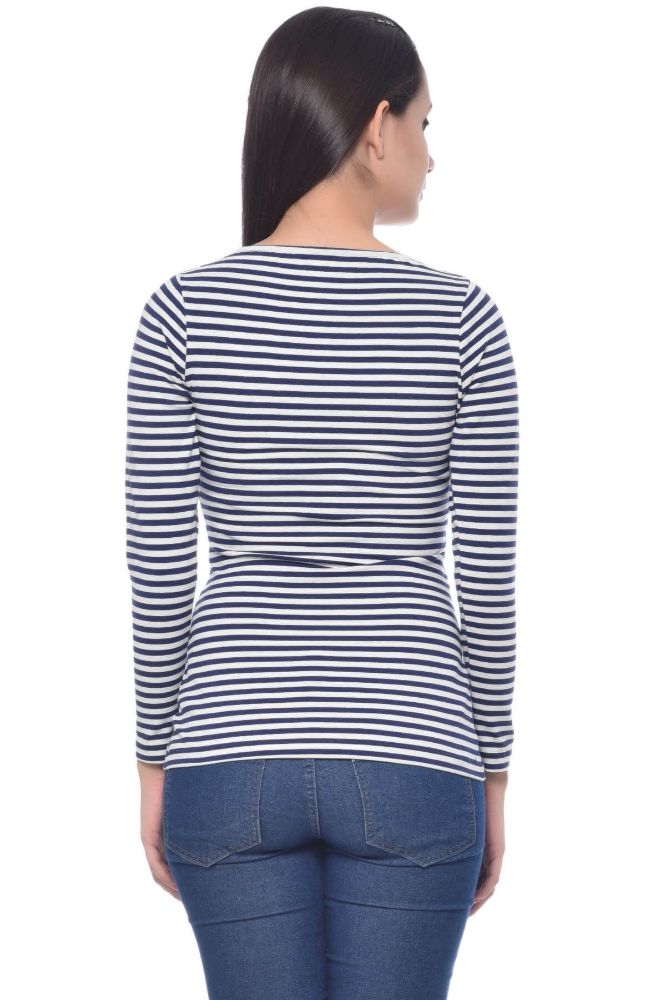 Picture of Frenchtrendz Cotton Spandex Navy White Boat Neck Full Sleeve Top