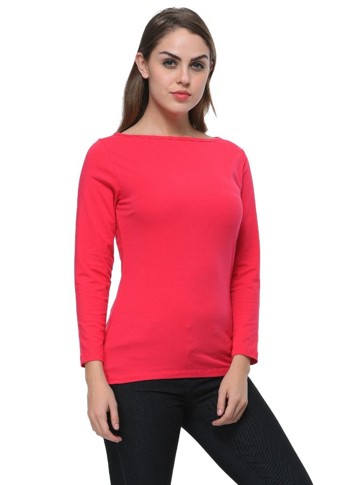 Picture of Frenchtrendz Cotton Spandex Fuchsia Boat Neck Full Sleeve Top