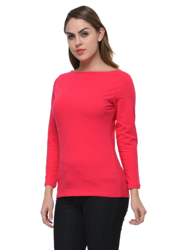 Picture of Frenchtrendz Cotton Spandex Fuchsia Boat Neck Full Sleeve Top
