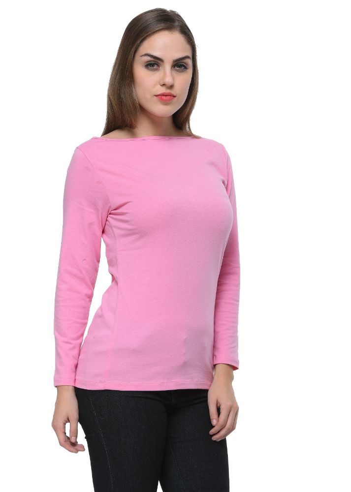 Picture of Frenchtrendz Cotton Spandex Baby Pink Boat Neck Full Sleeve Top